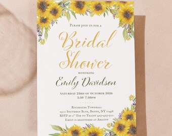 Editable Sunflower Invitation, Elegant Sunflower Wedding, Bridal shower invitation, Sunflower Bridal Brunch Invitation, Engagement, TH80