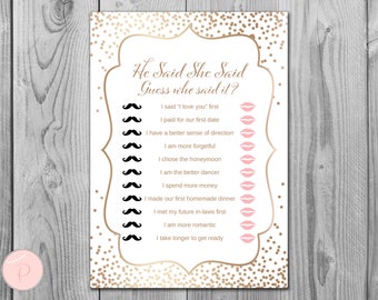 Gold He Said She Said Bridal Shower game, Who Said the Phrase Game, Bridal shower game, Bridal shower activity, Printable Game WD93 TH62