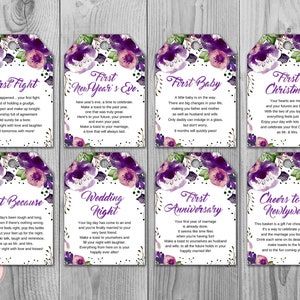 Purple Milestone Wedding Tags, Wine Tag Firsts, milestone wine labels wedding, marriage milestone label, wedding gift for couple WD83 TH43