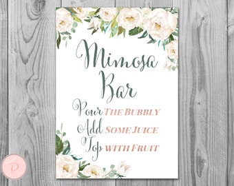 Off-white Floral Mimosa Bar Sign, Bubbly Bar Sign, Wedding Bar Sign, Printable Sign, Wedding Decoration Sign, Engagement Party Mimosa TH61