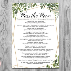 Greenery Pass The Poem Bridal Shower Games, Gift Passing Poem, Rustic Bridal Shower Pass Along Poem, Bachelorette Hens Party TH93