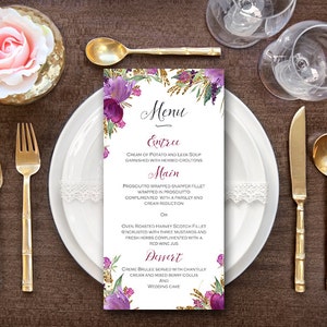 Menu de mariage personnalisé floral violet, Menu de mariage personnalisé imprimable, Modèle de menu de mariage, Menu de douche TH59 WM172