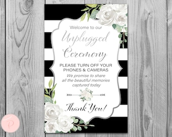 Silver White Floral Unplugged Ceremony Sign, No phones or cameras, Turn off phones, Unplugged Wedding Signage decoration sign TH81