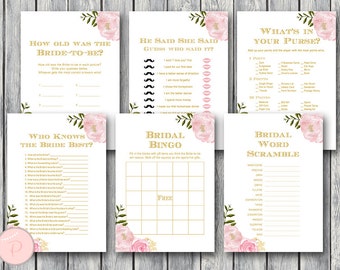 May include: A set of printable bridal shower games with a pink floral design. The games include "How Old Was the Bride-to-Be?", "He Said She Said", "What's in Your Purse?", "Who Knows the Bride Best?", "Bridal Bingo", and "Bridal Word Scramble".