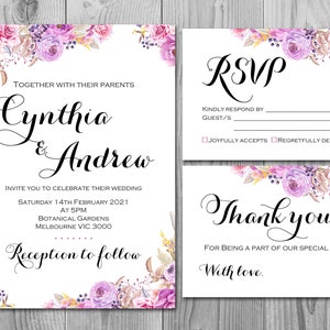 Violet Boho personnalisé faire-part de mariage, invitation de mariage imprimable, invitation fête de fiançailles, personnalisé, mariage suite TH19 WD72 WI17