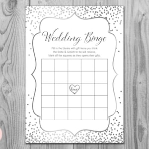 Tarjetas de bingo de ducha de boda de confeti de plata, bingo de ducha nupcial mixto imprimible, bingo de artículos de regalo, juego de despedida de soltera, imprimible wd92 TH64