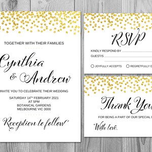 Ensemble d'invitation de mariage d'or, invitation de mariage imprimable, douche de mariée, douche de bébé, personnalisé, suite d'invitation de mariage WD47 WI05