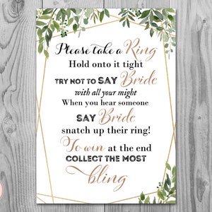 Greenery Don&#39;t Say Bride or Wedding Game, Don&#39;t Say a word Game, Take a Ring Game, Bridal shower game, Shower activity, Printable TH93