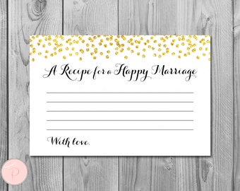 Gold A Recipe for a Happy Marriage Printable Card, Wedding Shower, Bridal shower game, Bridal shower activity, Printable Games TH22