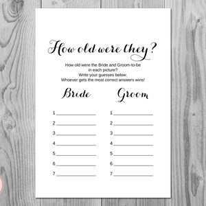 How old were they, How old was the Bride Groom, Guess the Ages, Coed Bridal Shower game, Bridal shower Game, Printable TG00 game TH00