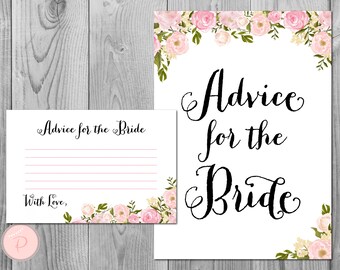 May include: A printable bridal shower game card with a pink floral border. The card says "Advice for the Bride" with a heart symbol before and after the word "Bride". The card has lines for guests to write their advice.