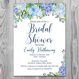 Blue Hydrangea Floral Personalized Elegant Wedding Invitations, Bridal shower invitation, Baby Shower, Personalized Wedding Invitation TH84