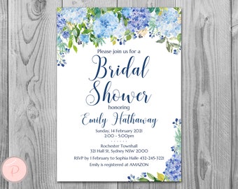 Blue Hydrangea Floral Personalized Elegant Wedding Invitations, Bridal shower invitation, Baby Shower, Personalized Wedding Invitation TH84