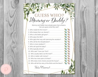 Greenery Daddy or Mommy ? Who Said It, Who Said It Mom or Dad Game, Guess Who Said, Gender Neutral, Baby Shower Games TH93