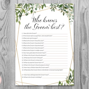 Greenery Wer kennt den Bräutigam am besten, wie gut kennen Sie den Bräutigam Spiel, Bridal Shower Spiel, Bachelorette Spiel, Wedding Shower Spiel TH93