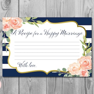 ネイビー＆ゴールドフローラル 幸せな結婚のためのレシピ 印刷可能なカード、ウェディングシャワー、ブライダルシャワーゲームアクティビティ、印刷可能なゲーム TH74