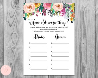 How old were they, How old was the Bride and Groom, Guess the Ages, Coed Wedding Shower game, Bridal shower Game, Printable Game WD70 TH15