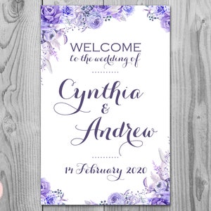 Blau Lila Blumen Personalisiertes Willkommensschild, Personalisiertes Hochzeitsschild, Hochzeitsdekoration Schild, druckbares Schild DIY Druck TH53 WS27