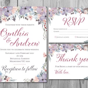 Convite de casamento floral roxo, convite de casamento para impressão, chá de panela, chá de bebê, convite personalizado suíte TH71 dd WI52