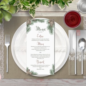 Menu Pinecone, Noël, Noël, Menu d’hiver, Menu personnalisé, Menu de mariage personnalisé imprimable, Modèle de menu de mariage, Neige WS73 TH54 WM165