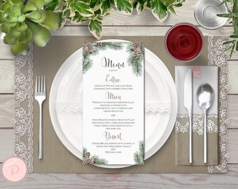 Menú Piña, Navidad, Navidad, Menú Invierno, Menú Personalizado, Menú de Boda Personalizado Imprimible, Plantilla de Menú de Boda, Nieve WS73 TH54 WM165