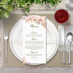 Menú de boda personalizado, menú de boda personalizado imprimible, plantilla de menú de boda, menú de ducha floral rosa WD85 TH46 WM96