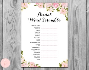 May include: A printable bridal shower game with a pink floral border. The game is called "Bridal Word Scramble" and includes a list of words to unscramble.