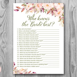 Boho Floral How well do you know the Bride game, Who knows the bride best, bachelorette Game, wd85 TH46