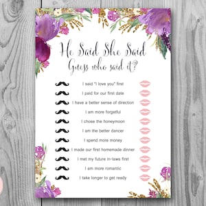 Purple He Said She Said Bridal Shower games, Who Said the Phrase Game, Coed Bridal shower game, Bridal shower activity, Printable, TH59