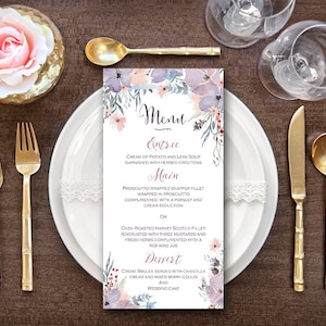 Menú de boda personalizado púrpura, menú de boda personalizado imprimible, plantilla de menú de boda, menú de ducha TH71 dd WM186