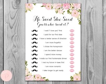 Pink He Said She Said Bridal Shower game, Who Said the Phrase Game, Bridal shower game, Bridal shower activity, Printable Game WD67 TH18