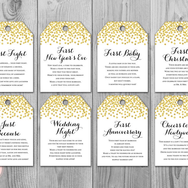 Gold Confetti Milestone Wedding Tags, Wine Tag Firsts, milestone wine labels wedding, marriage milestone label, wedding gift for couple TH22