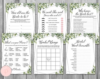 Greenery Silver Bridal Shower Games, Package, Instant Download, 6 Games Printable, Game Download, Bridal Shower Activities TH98