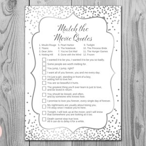 Silver Confetti Movie Matching Game, Famous Love Quote Movie Game, Bridal shower games, Bridal shower activity, Printable Game wd92 TH64