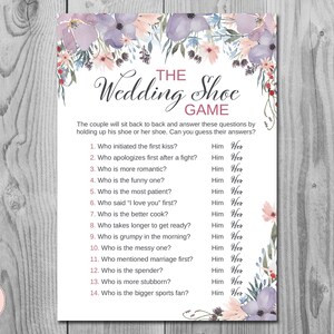 Purple Floral The Wedding Shoe Game Juego de despedida de soltera, Quién dijo el juego de frases, Juegos de despedida de soltera, Juegos de despedida de soltera, Imprimible TH71