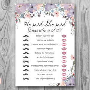 Purple He Said She Said Bridal Shower game, Who Said the Phrase Game, Bridal shower game, Bridal shower activity, Printable Game TH71