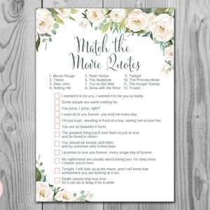 Cream Floral Movie Matching Game, Famous Love Quote Movie Game, Bridal shower game, Bridal shower activity, Printable Game TH61 dd