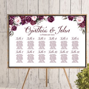 Carta de asientos de boda de Marsala, signo de gráfico de boda personalizado imprimible, póster de asientos de boda floral de Marsala, mesa de asientos de boda TH86 WC167
