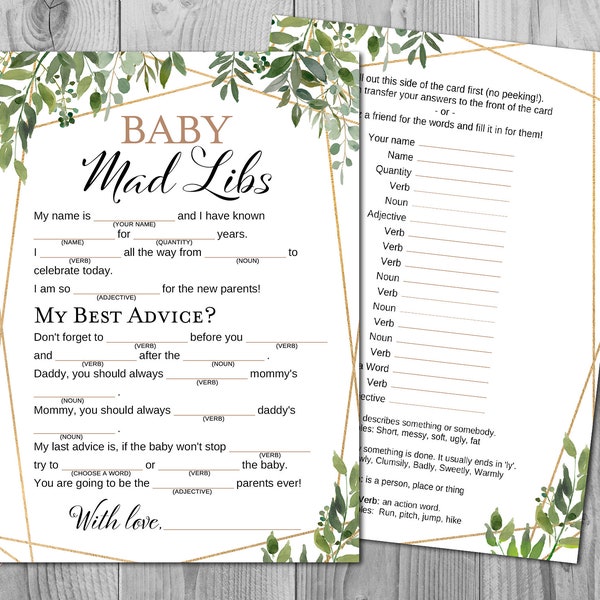 Greenery Baby Shower Mad Libs, Baby MadLibs, Baby Shower Game, Digital Downloads, Printable Instant Download, Baby Sprinkle Games TH93