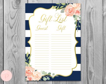 Lista dei regali Navy & Gold, Bridal Shower Gift List, Baby Shower Gift List, Lista Ospiti stampabile, Lista di controllo dei regali, Gift Tracker TH74.1