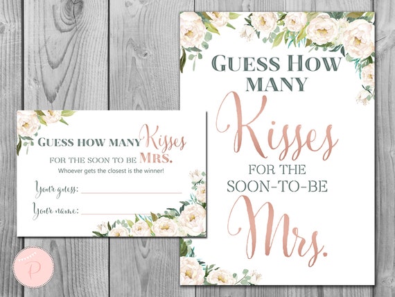 "How Many Kisses For The Soon-to-Be Mrs" Bridal Shower Game - 1 Sign & 30 Guess Cards, Floral White - View #3