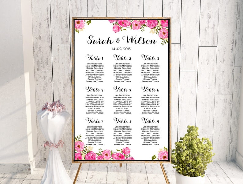 Wedding Seating Sign fuschia Wedding Seating Poster Printable Hot Pink Wedding Seating Chart Wedding Seating Board,Digital File WD67 WC53