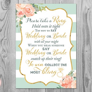 Mint Gold Don&#39;t Say Bride Game, Don&#39;t Say a word Game, Take a Ring Game, Bridal shower game, Bridal shower activity, Printable Game TH73.1