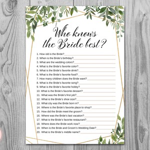 Greenery Who knows the bride best, How well do you know the Bride shower game, bachelorette Game, Bridal Shower Games TH93
