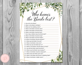 Greenery Who knows the bride best, How well do you know the Bride shower game, bachelorette Game, Bridal Shower Games TH93
