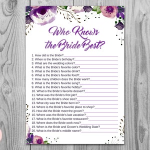 Purple How well do you know the Bride game, Who knows the bride best, bachelorette Game, Bridal shower games, WD83 TH43