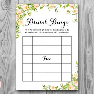 Tarjetas de bingo de ducha de boda, bingo nupcial, bingo de artículos de regalo, juego de fiesta de compromiso, juego de despedida de soltera imprimible, descarga instantánea WD63 TH11