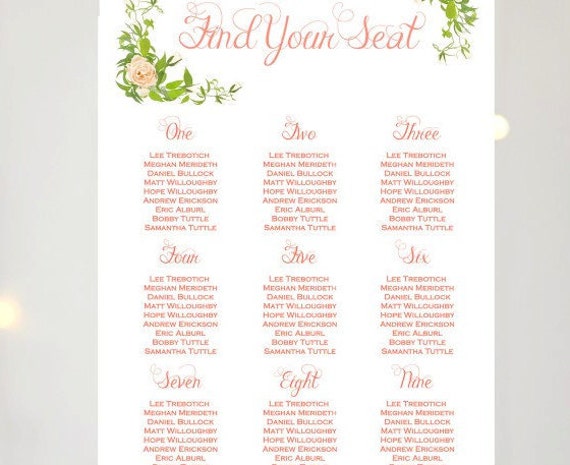 printable custom wedding seating chart coral wedding seating etsy