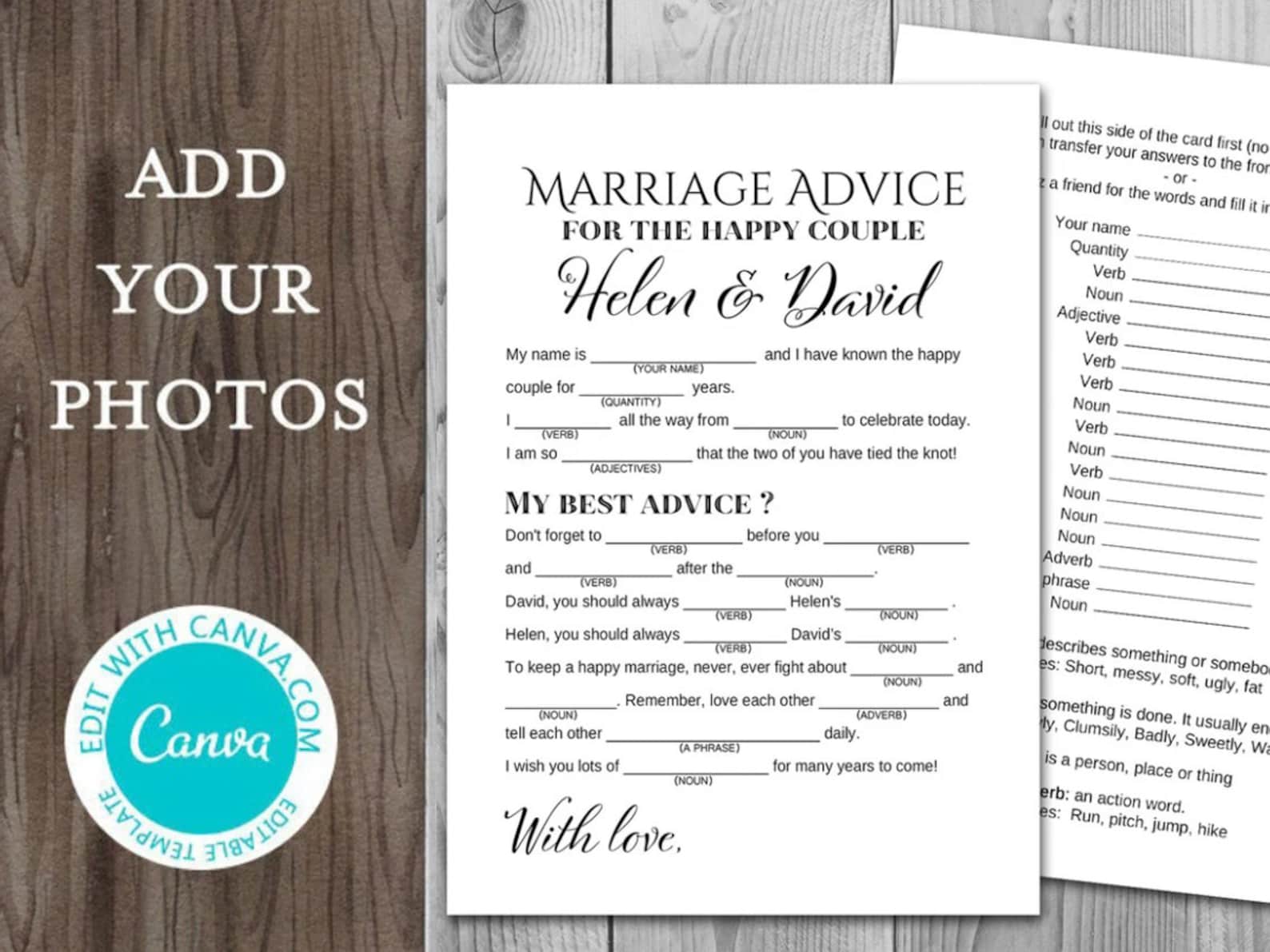 Editable Marriage Advice Cards Wedding Mad Libs Printable - Etsy