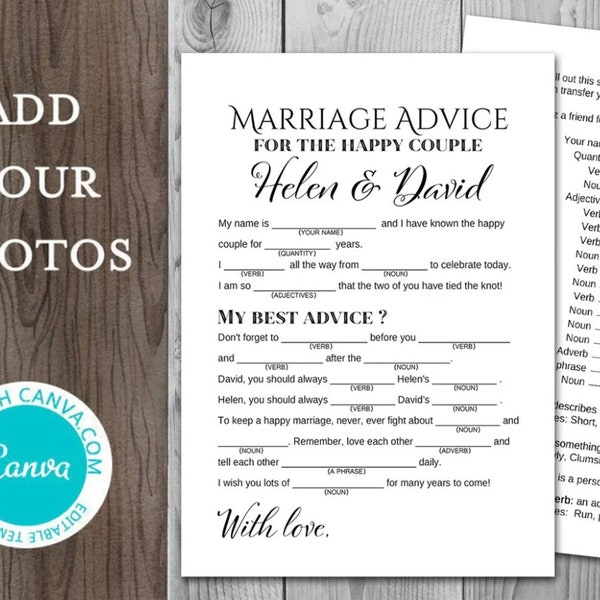 Editable Marriage advice cards, Wedding Mad Libs, Printable Wedding Game, Wedding Game Printable, Wedding Activities, Printable Game TH00